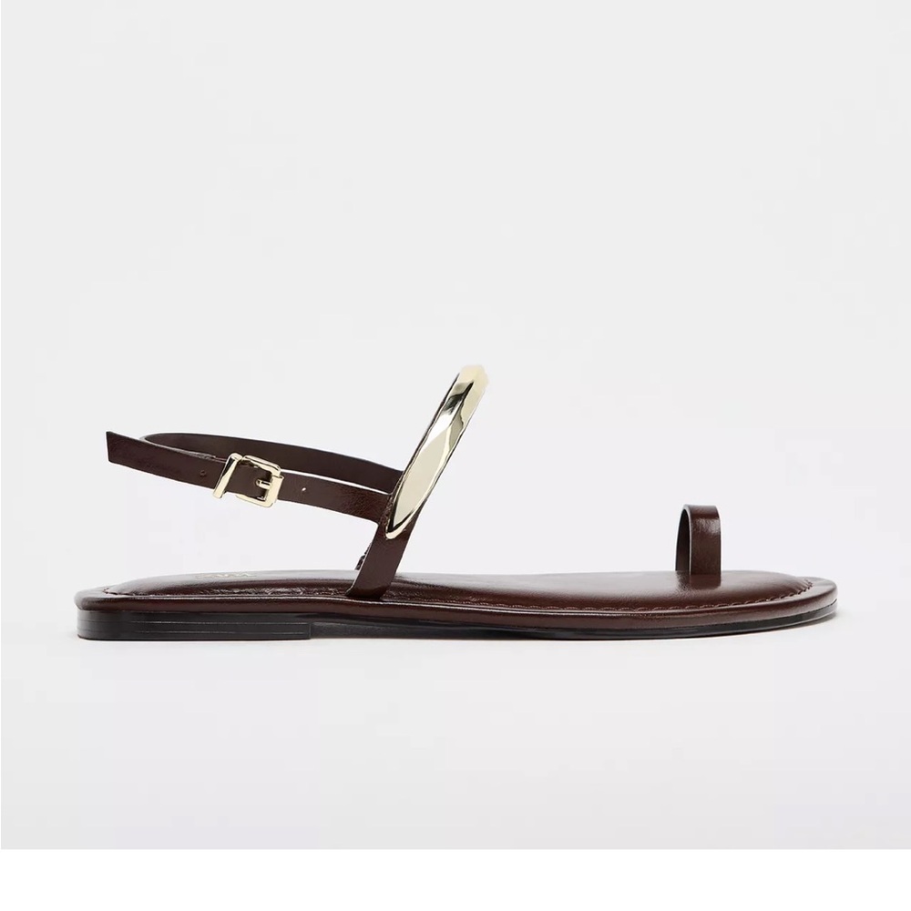 Zara Dark Brown Leather Flat Sandals with Gold Accent